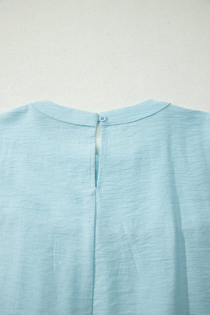 Solid Pleated Tie Sleeve Babydoll Blouse