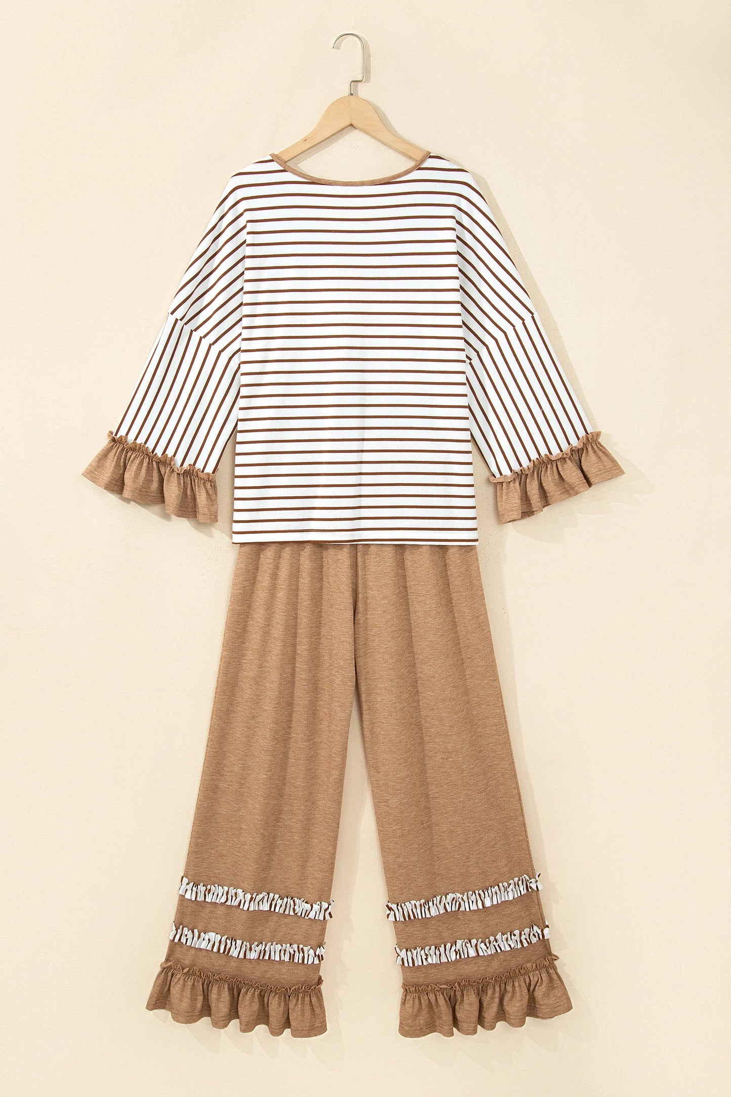 Stripe Ruffle Patchwork V-Neck Top & Pants Set