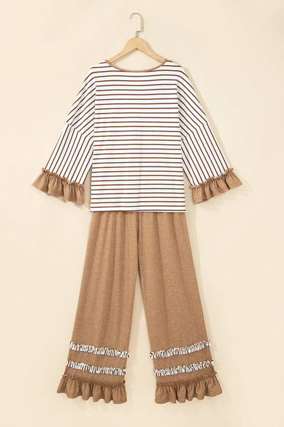 Stripe Ruffle Patchwork V-Neck Top & Pants Set