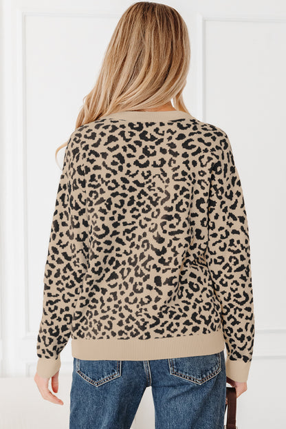 Leopard Drop Shoulder Chunky Cardigan Sweater