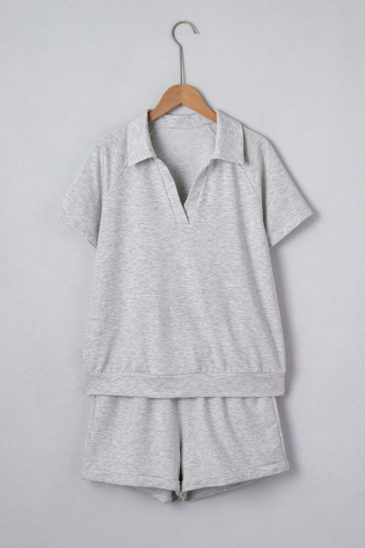 Collared V-Neck Tee & Drawstring Shorts Set