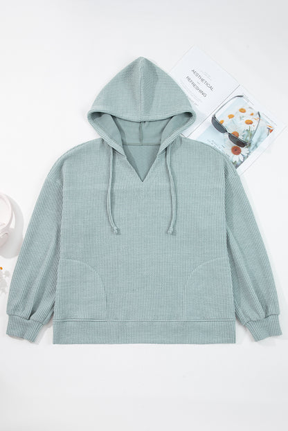 Solid Ribbed Drop Shoulder Hoodie
