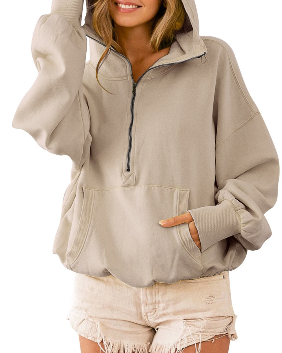 Drawstring Waist Zipped Hoodie w/Pocket