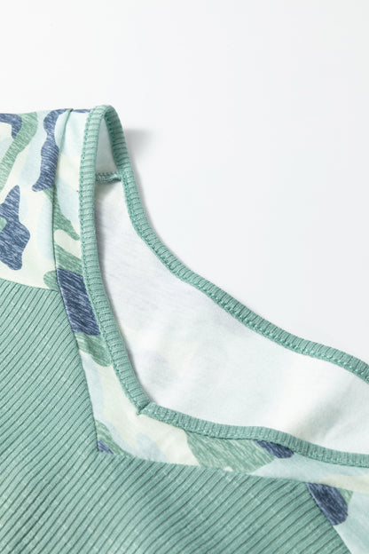 Plus Size Camo Patchwork Ribbed V-Neck Tee