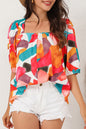 Abstract Square Neck 3/4 Sleeve Blouse