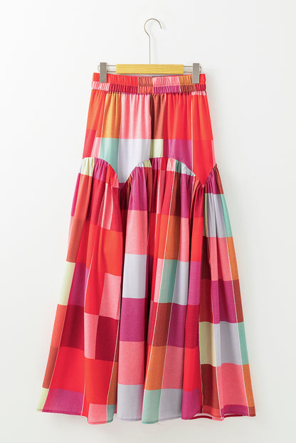 Plaid Ruched High Waist Maxi Skirt