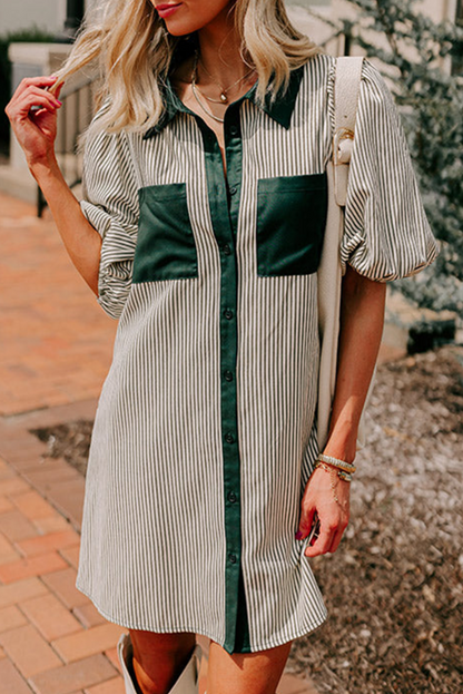 Stripe Puff Sleeve Buttoned Dress