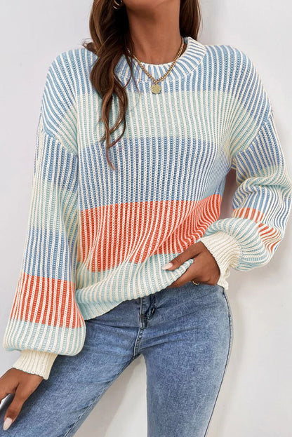 Colorblock Stripe Bubble Sleeve Sweater