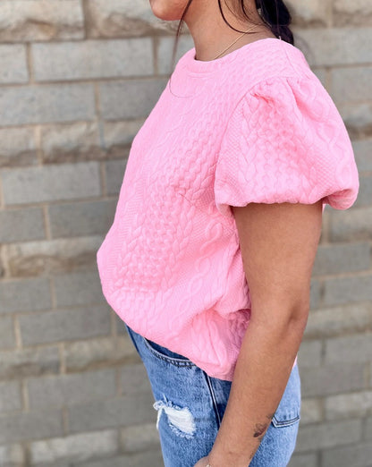 Cable Textured Puff Sleeve T-Shirt