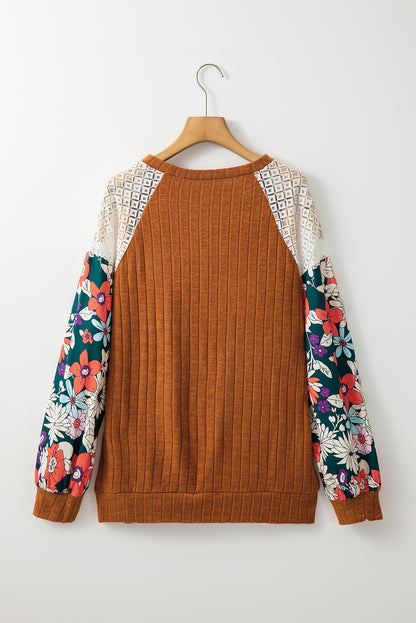 Floral Ribbed Patchwork Long Sleeve Blouse