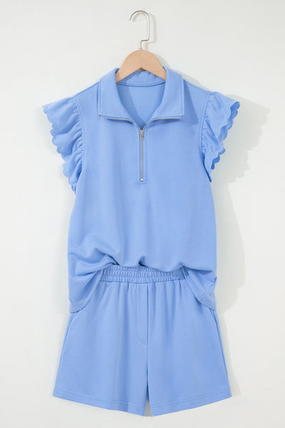 Solid Scalloped Ruffle Half Zip Top & Short Set