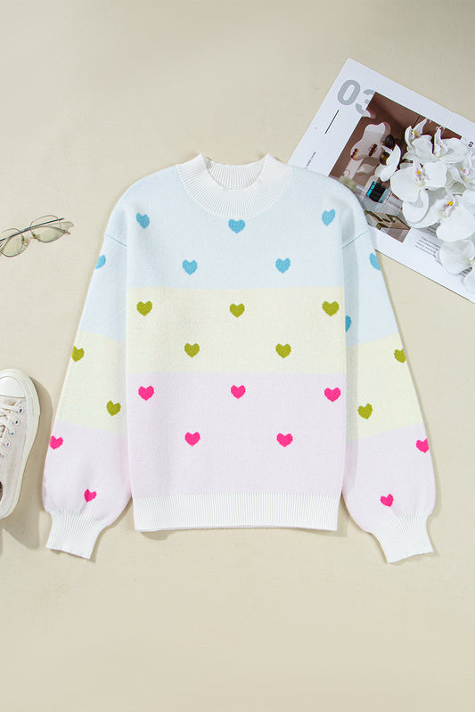 Colorblock Heart Mock Neck Drop Shoulder Sweater
