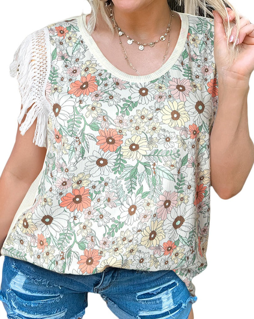 Floral Colorblock Crochet Fringe Top