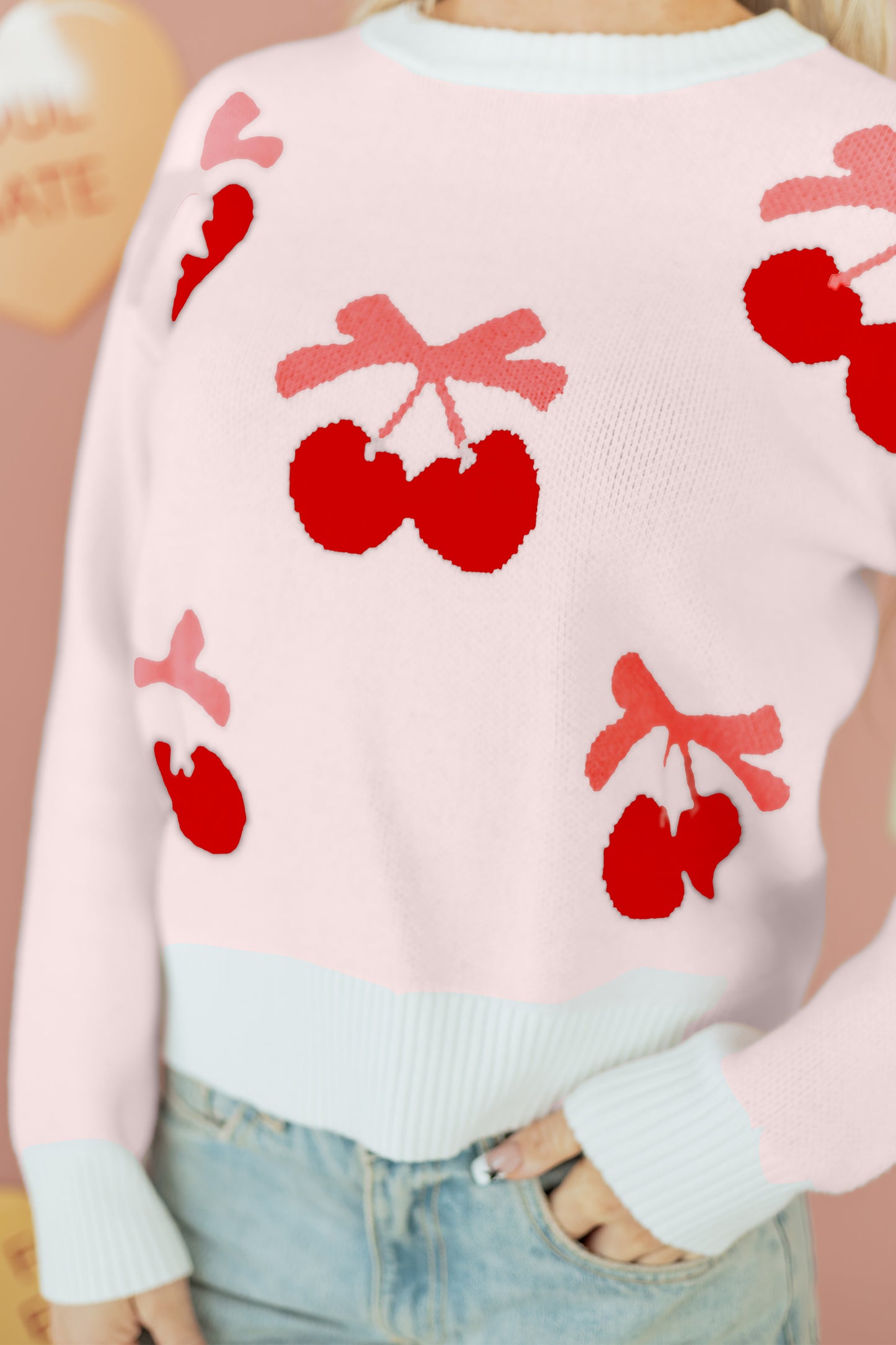 Valentine Bow Tie Cherry Drop Shoulder Sweater