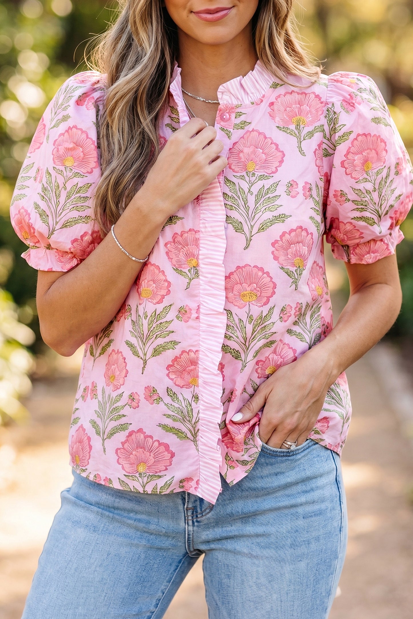 Floral Ruffle Stripe Trim Puff Sleeve Shirt