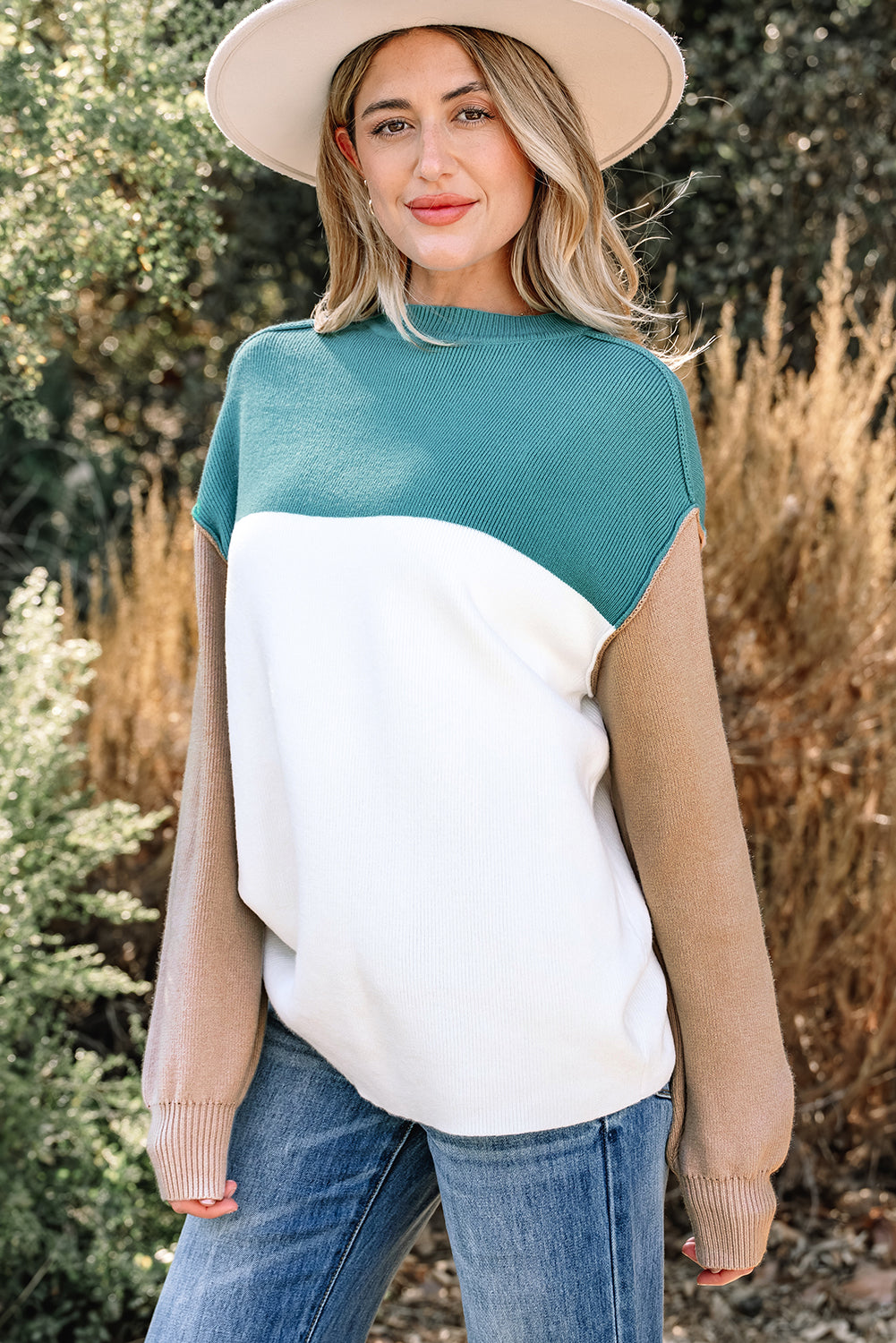 Colorblock Ribbed Knit Long Sleeve Sweater