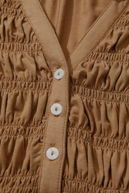 Solid Smocked Split V-Neck Buttoned Blouse
