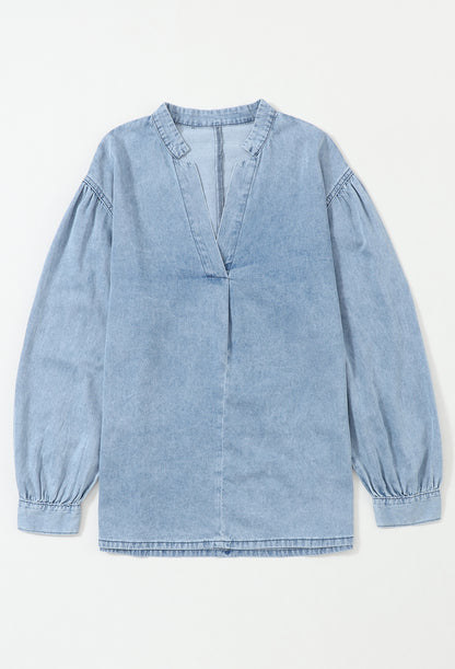 Denim Split V-Neck Balloon Sleeve Top