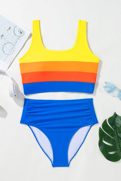 Colorblock Square Neck Top & High Waist Bikini Set
