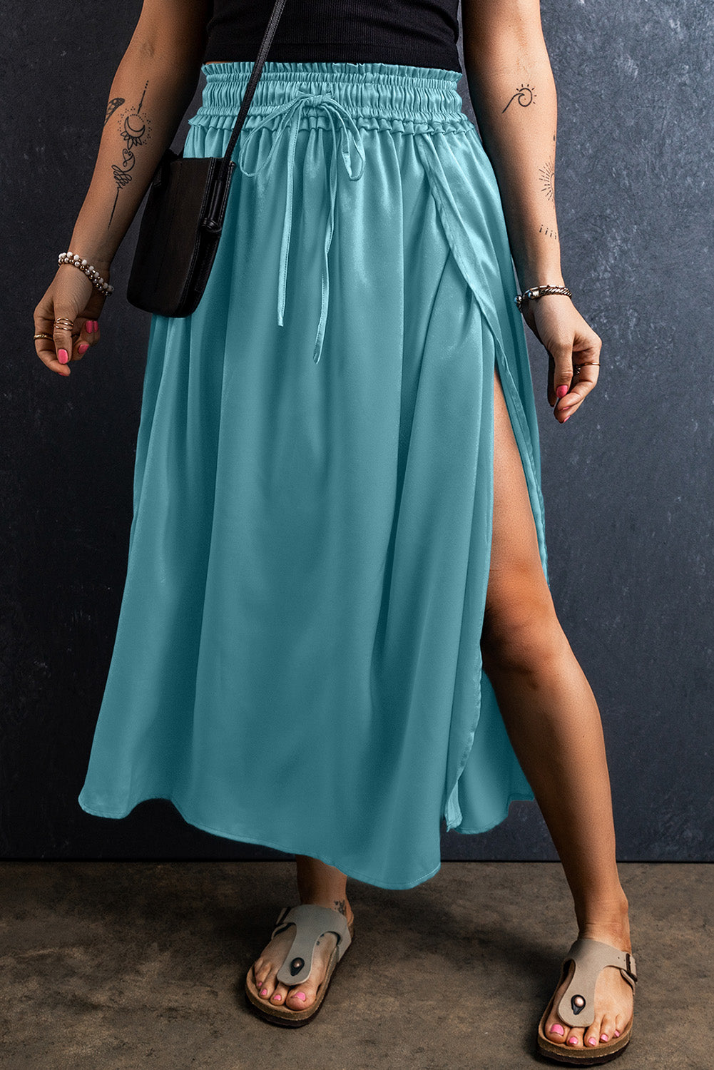 Drawstring Waist Midi Skirt w/Slit