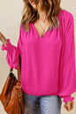 Pleated Puff Sleeve V-Neck Blouse