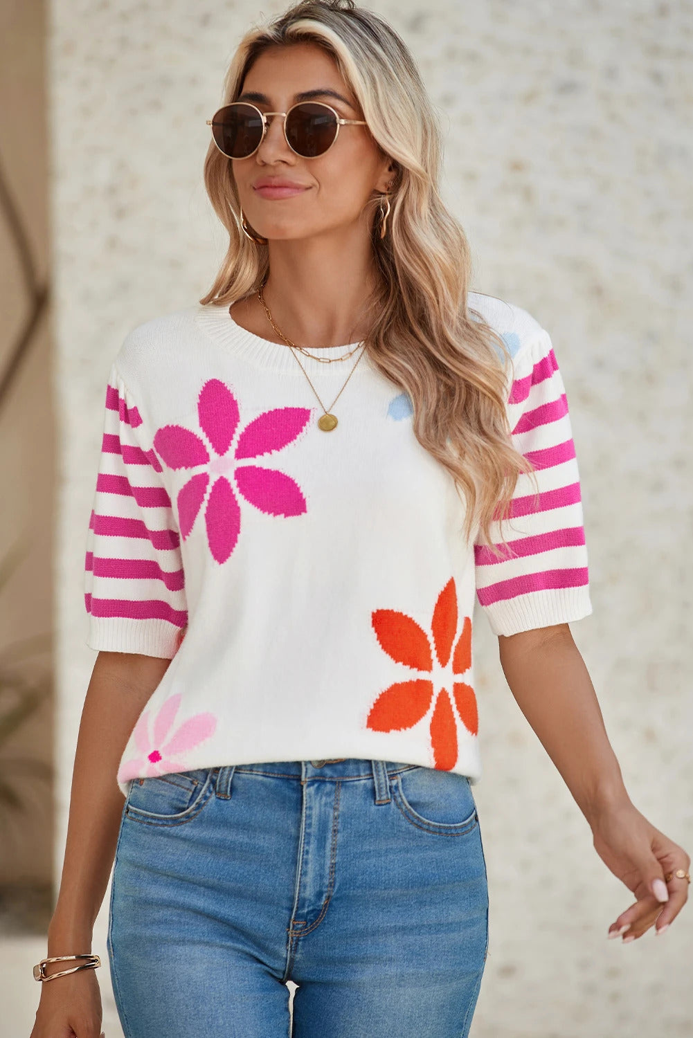 Floral Stripe Sleeve Sweater T-Shirt