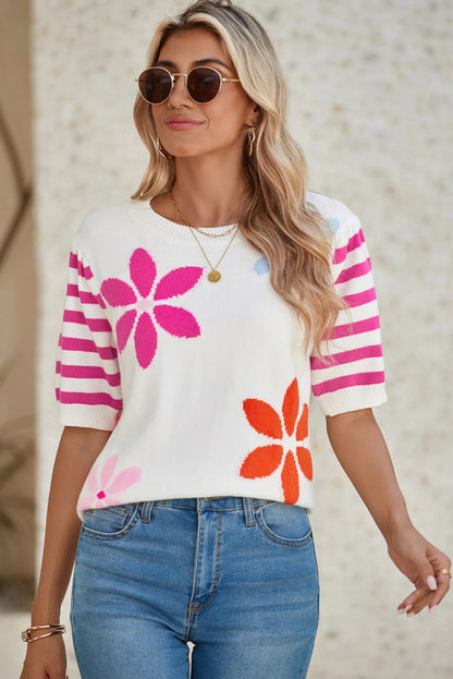 Floral Stripe Sleeve Sweater T-Shirt