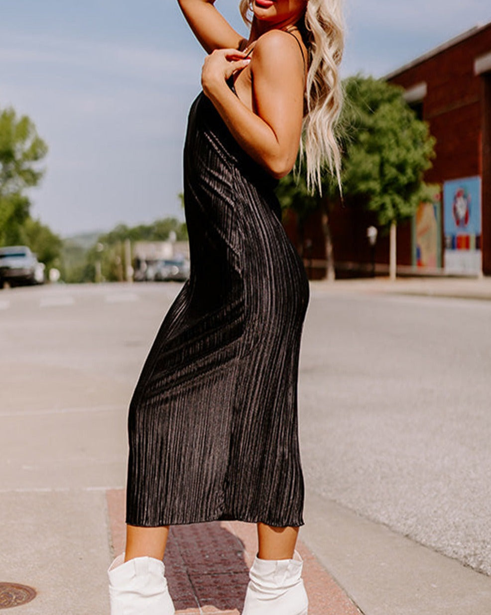 Pleated Low Back Midi Dress