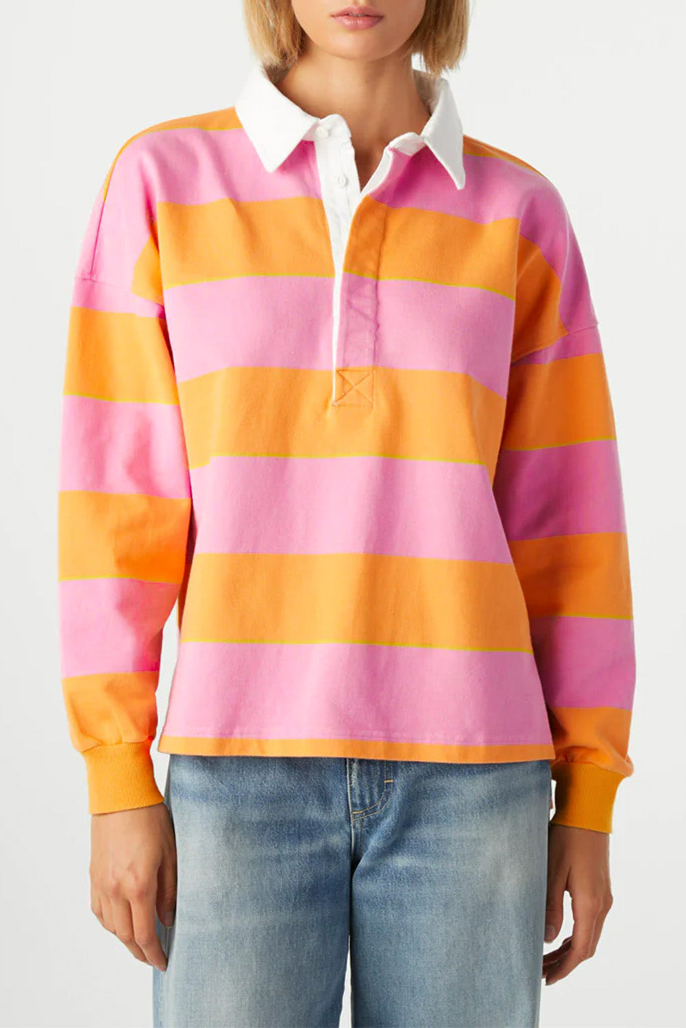 Stripe Colorblock Polo Collar Sweatshirt