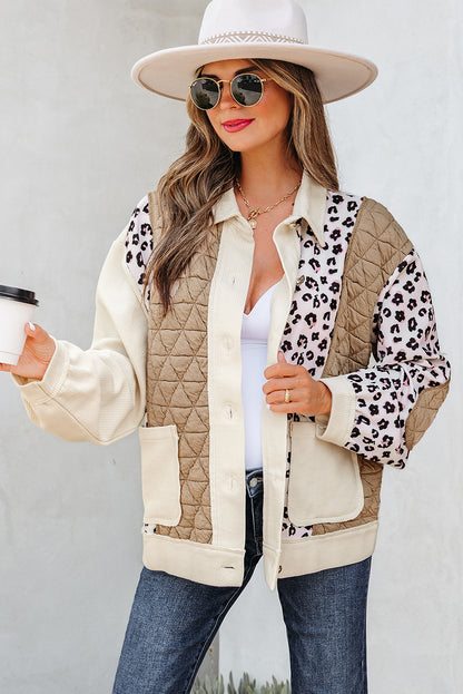 Leopard Waffle Quilted Patchwork Button Front Jacket