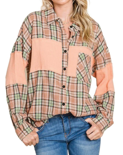 Plaid Crinkle Patchwork Buttoned Shirt