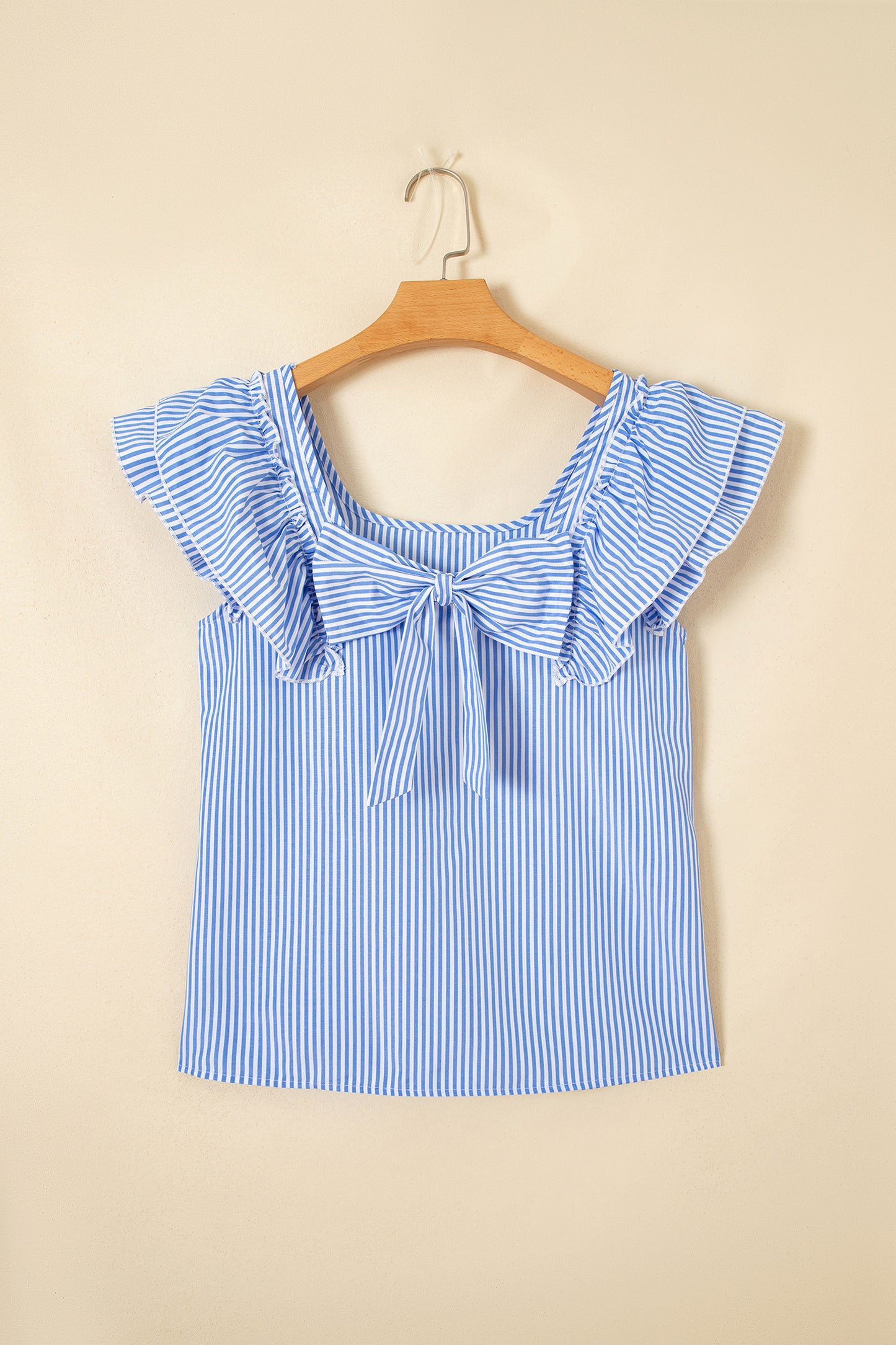 Stripe Bow Square Neck Ruffle Sleeve Blouse