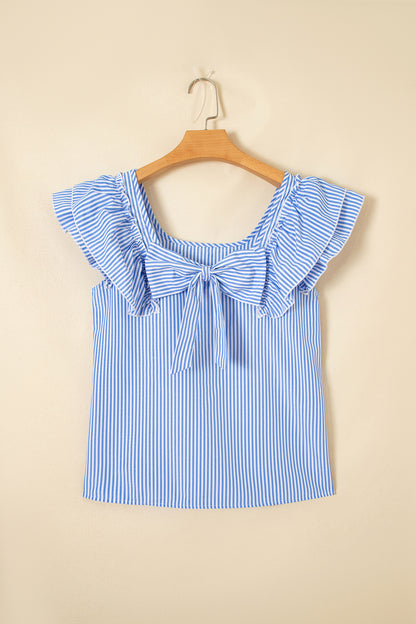 Stripe Bow Square Neck Ruffle Sleeve Blouse
