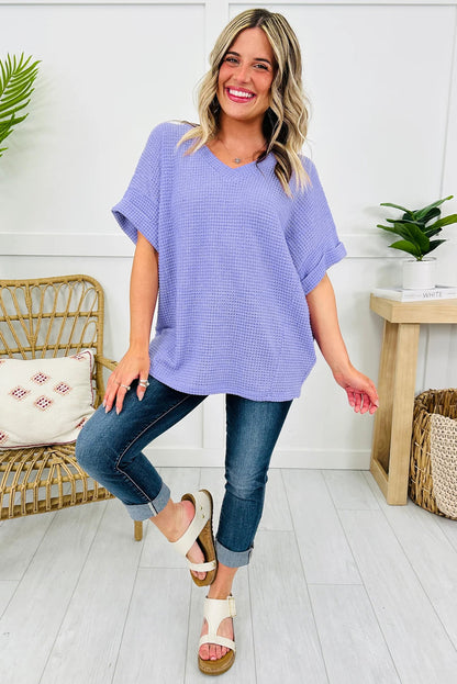 Solid Waffle Knit V-Neck Short Sleeve Top