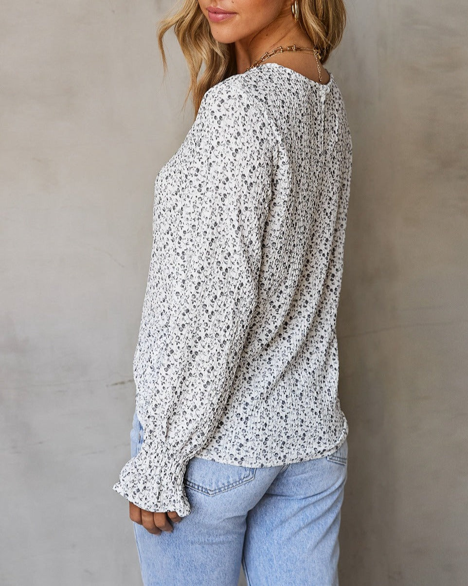 Floral Crinkled Bubble Sleeve Blouse