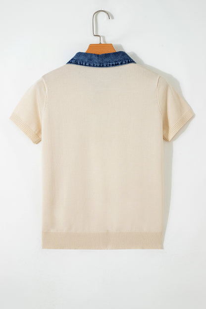 Denim Patchwork Polo Collar Short Sleeve Sweater