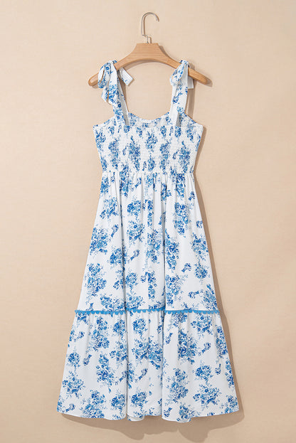 Floral Shirred Bodice Knot Shoulder Maxi Dress