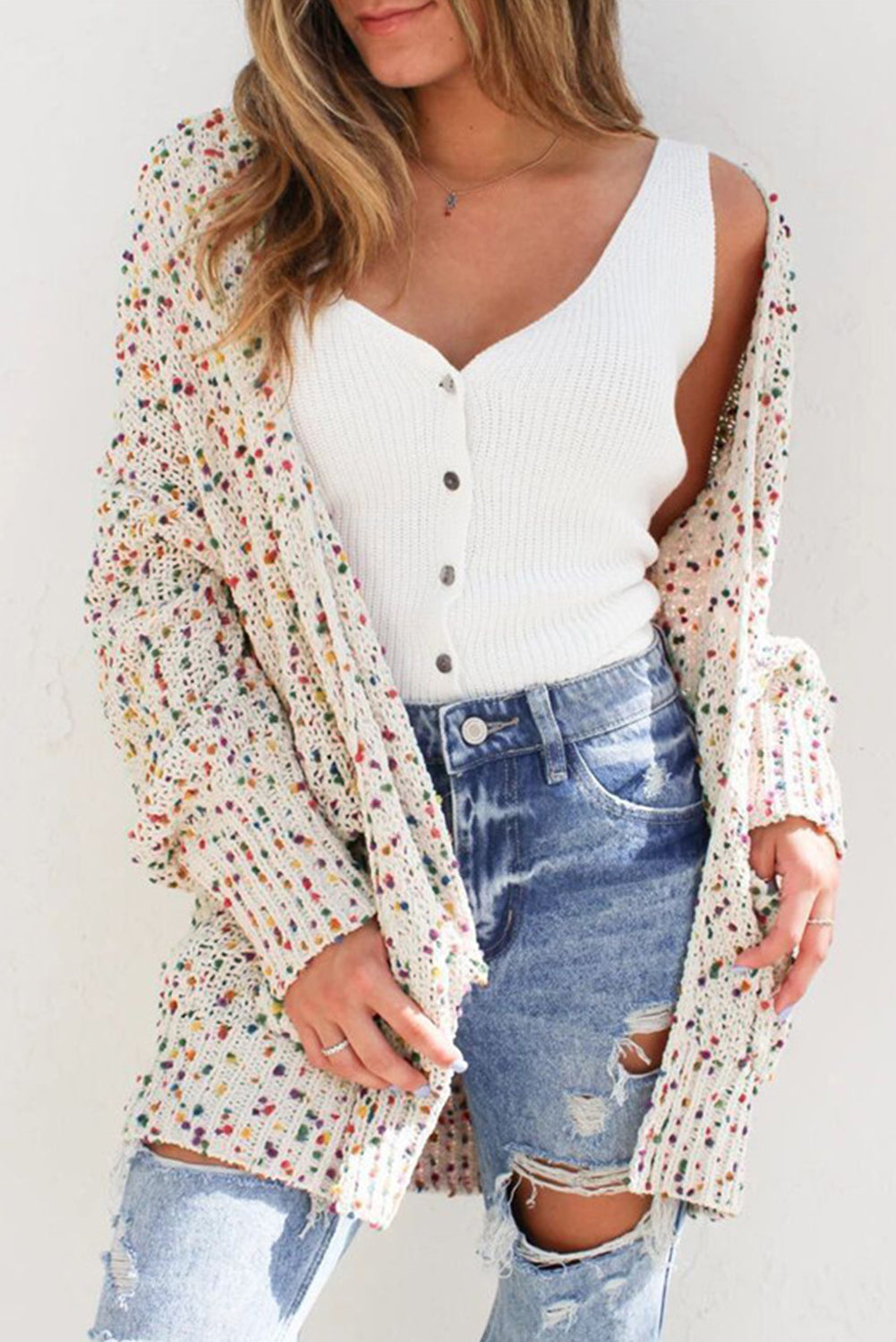 Confetti Ribbed Trim Long Cardigan