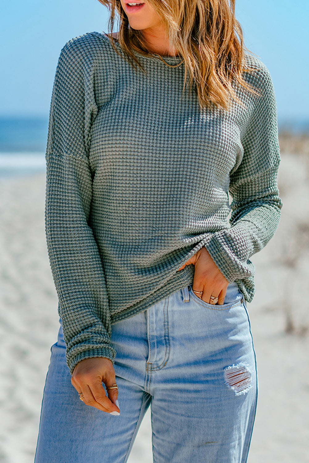 Waffle Drop Shoulder Long Sleeve Top