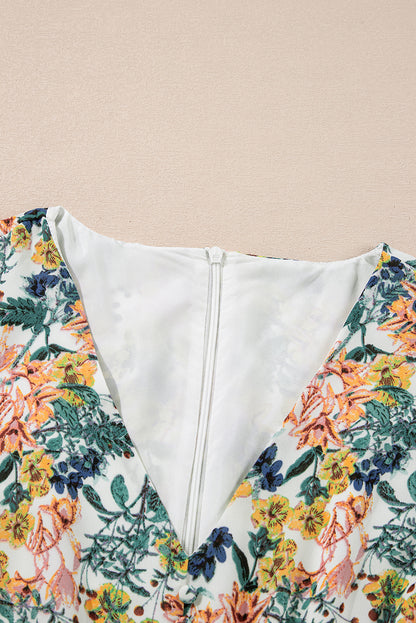 Floral 3/4 Sleeve V-Neck High Waist Ruffle Dress