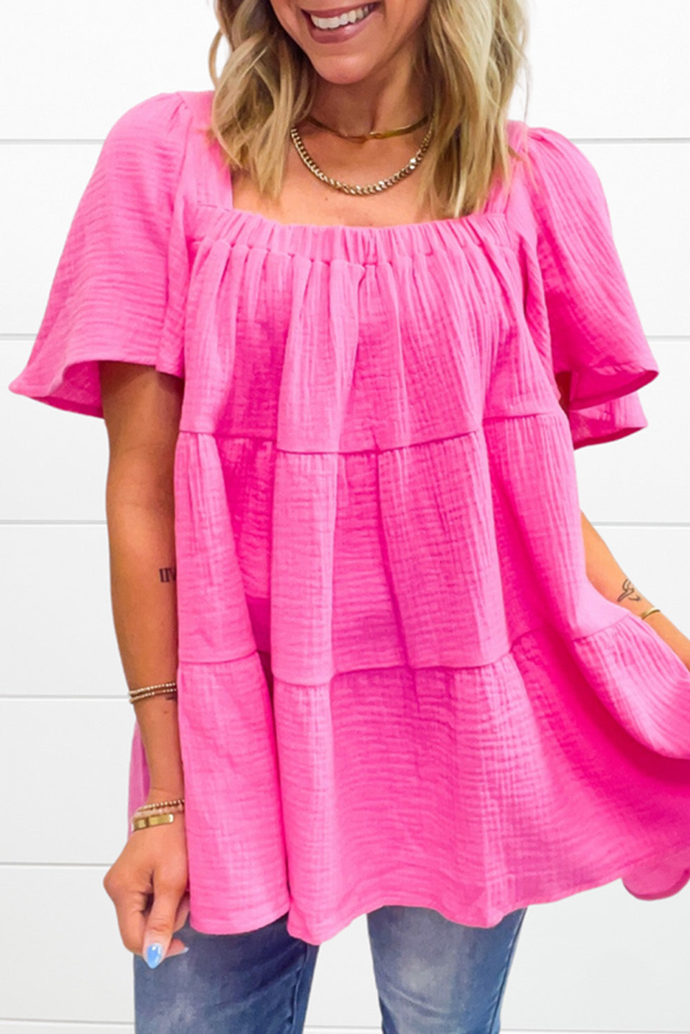 Gauze Square Neck Tiered Blouse