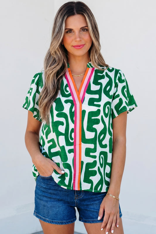 Abstract Stripe Trim V-Neck Short Sleeve Blouse