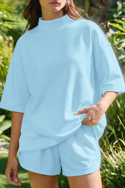Solid Exposed Seam Mock Neck Tee & Shorts Set