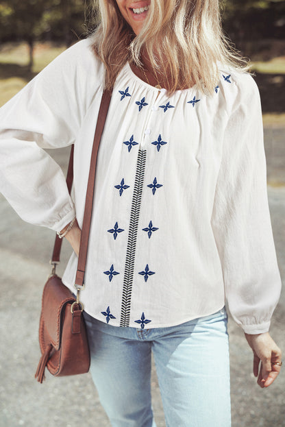 Geometric Embroidered Long Sleeve Blouse