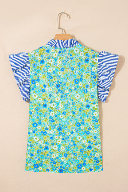 Floral Stripe Patchwork Flutter Sleeve V-Neck Blouse