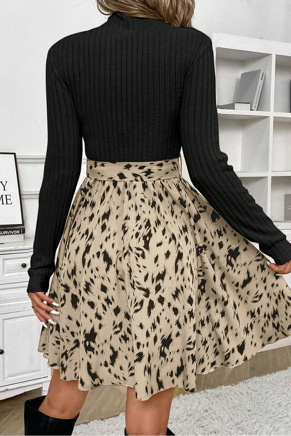 Leopard Patchwork Ribbed Belted Dress