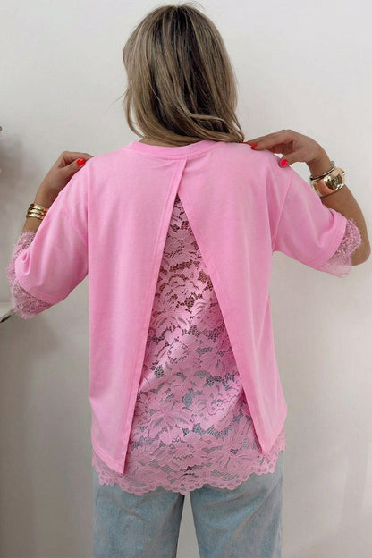 Floral Eyelash Lace Patchwork 3/4 Sleeve Tee