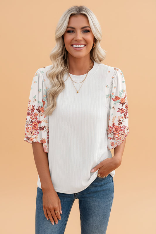 Floral Patchwork Ribbed Knit Short Sleeve Top