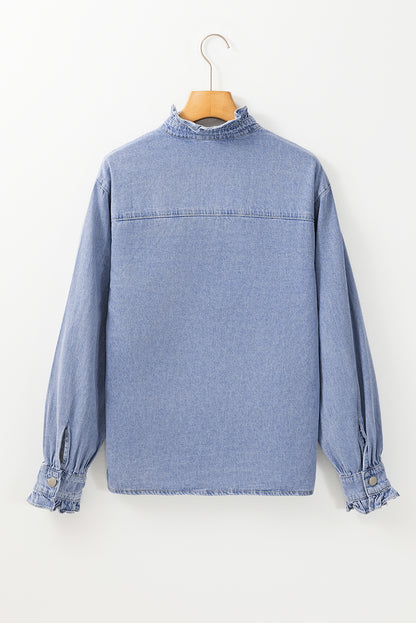 Denim Ruffle Long Sleeve Buttoned Shirt