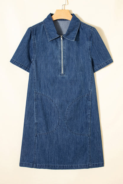 Denim Zip-Up Collar Short Sleeve Mini Dress
